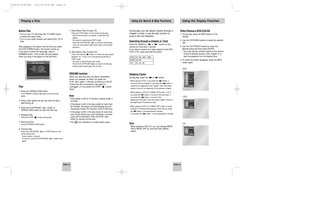 Samsung DVD-P148A/XSV, DVD-P148/XTN, DVD-P148/XSV manual Playing a Disc, Using the Display Function 