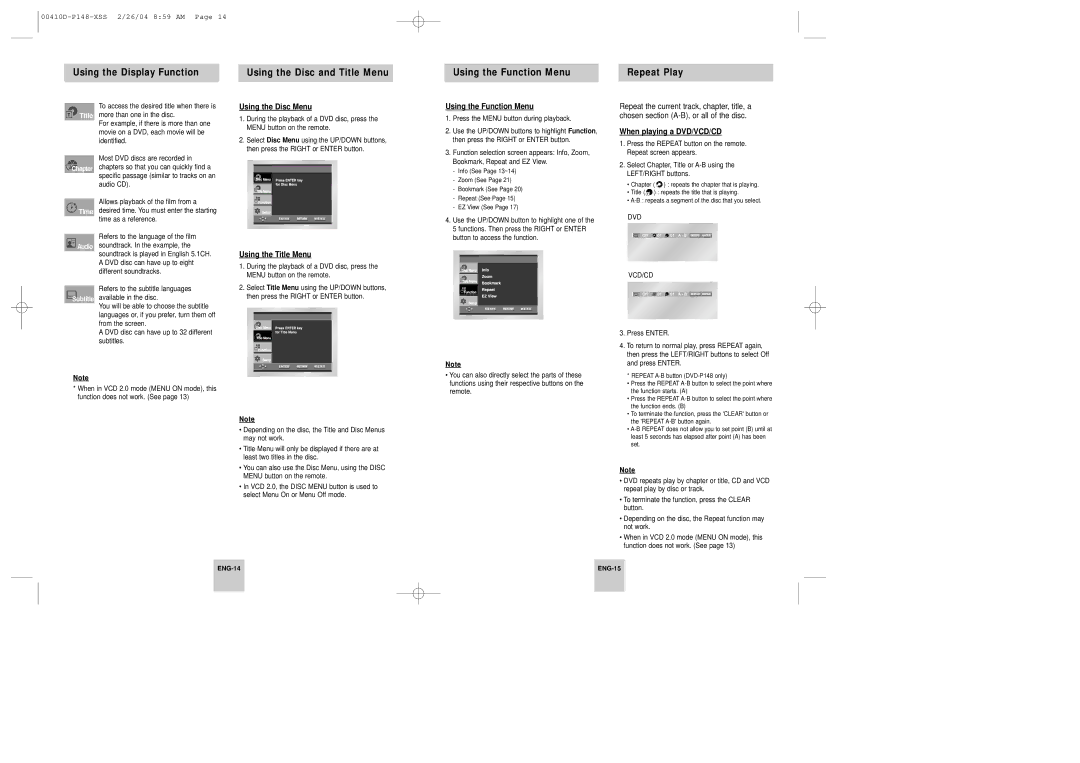 Samsung DVD-P148/XSV, DVD-P148/XTN, DVD-P148A/XSV manual Using the Disc Menu, Using the Title Menu, Using the Function Menu 