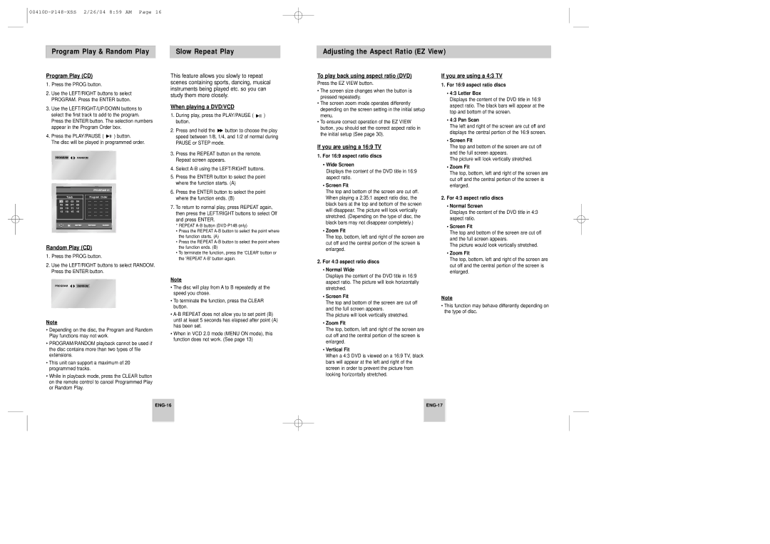 Samsung DVD-P148/XTN manual Program Play CD, Random Play CD, When playing a DVD/VCD, To play back using aspect ratio DVD 