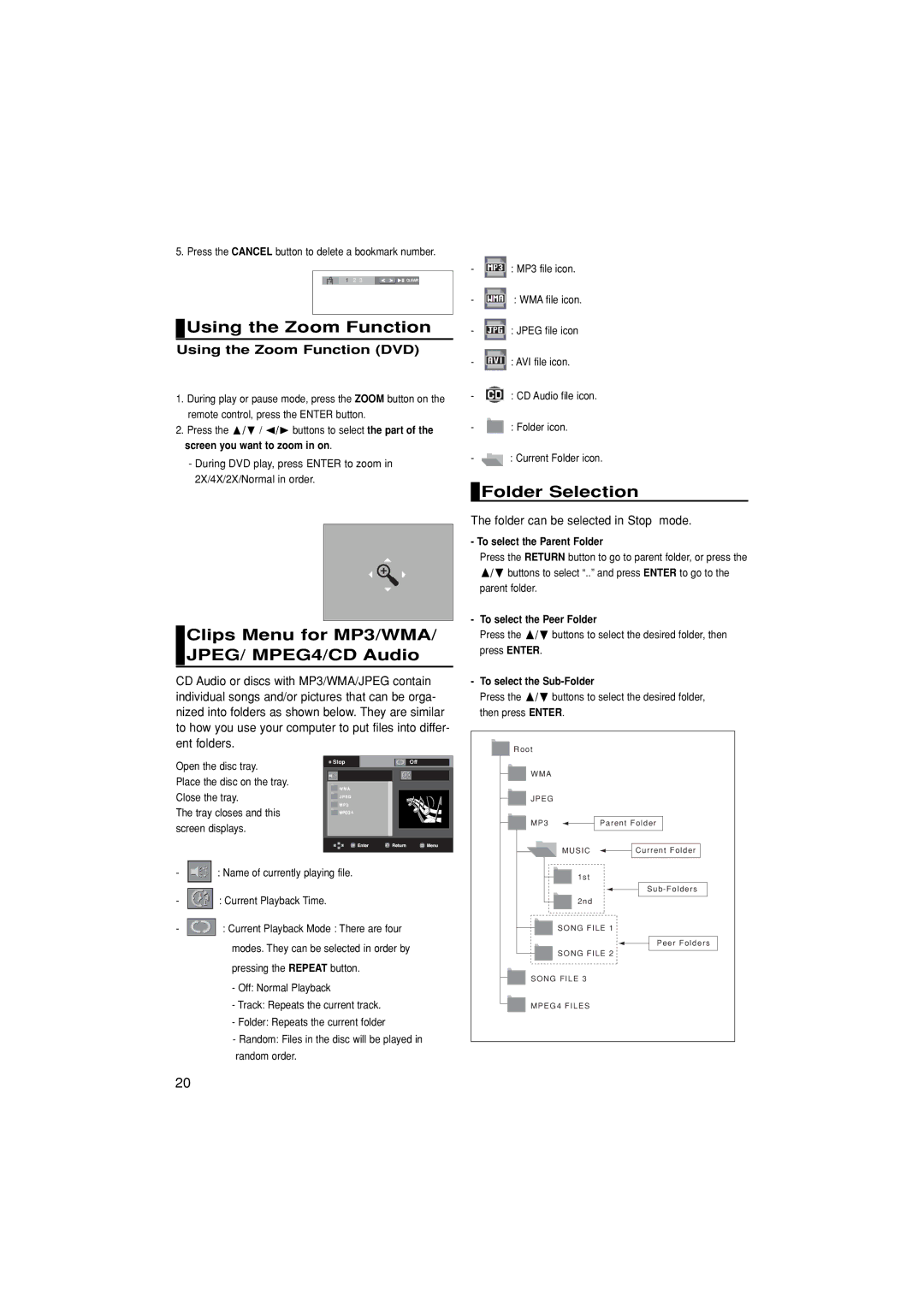 Samsung DVD-P171/AUS, DVD-P171/EUR Using the Zoom Function, Clips Menu for MP3/WMA/ JPEG/ MPEG4/CD Audio, Folder Selection 