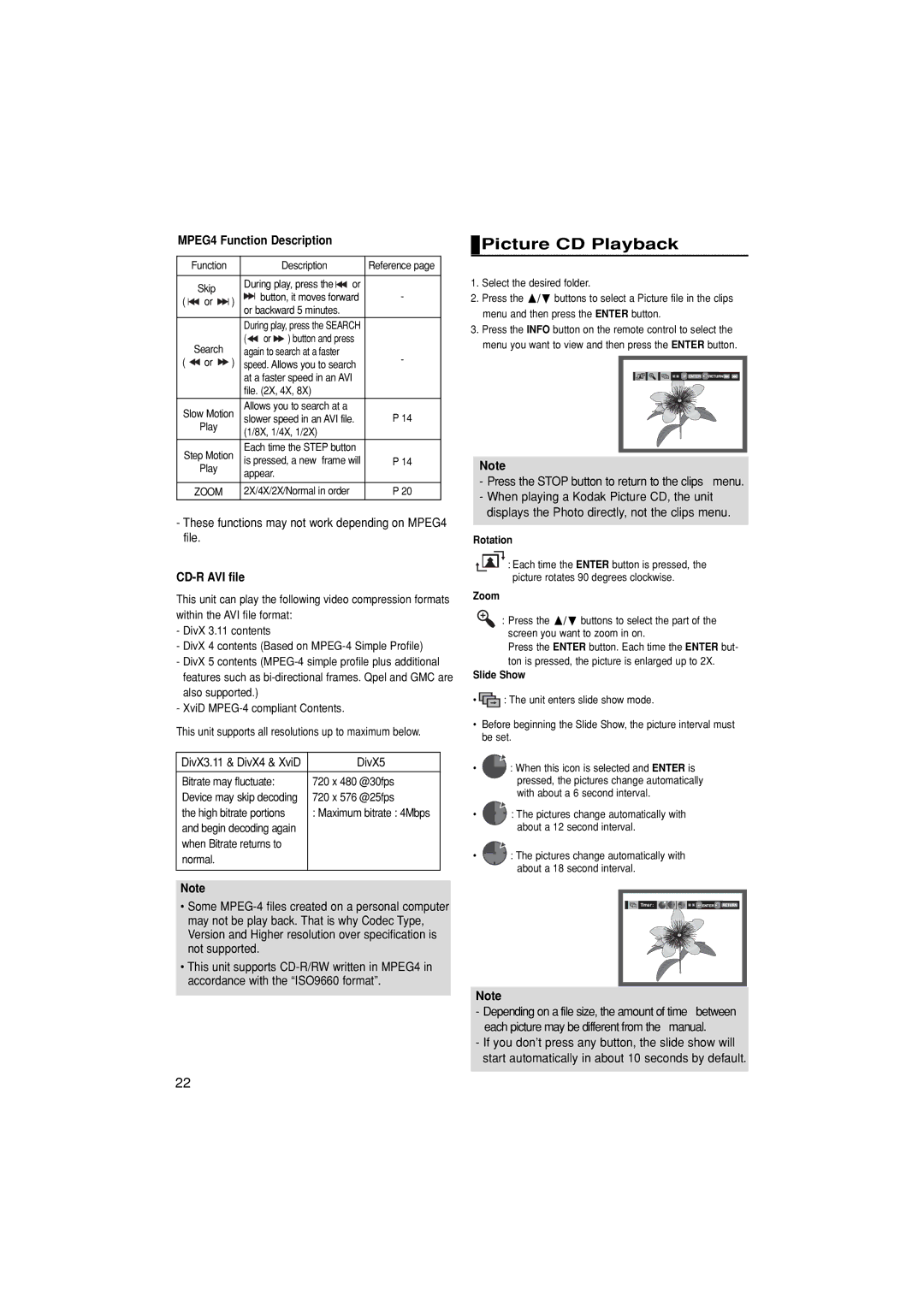 Samsung DVD-P171/XET, DVD-P171/AUS, DVD-P171/EUR manual Picture CD Playback, MPEG4 Function Description, CD-R AVI file 