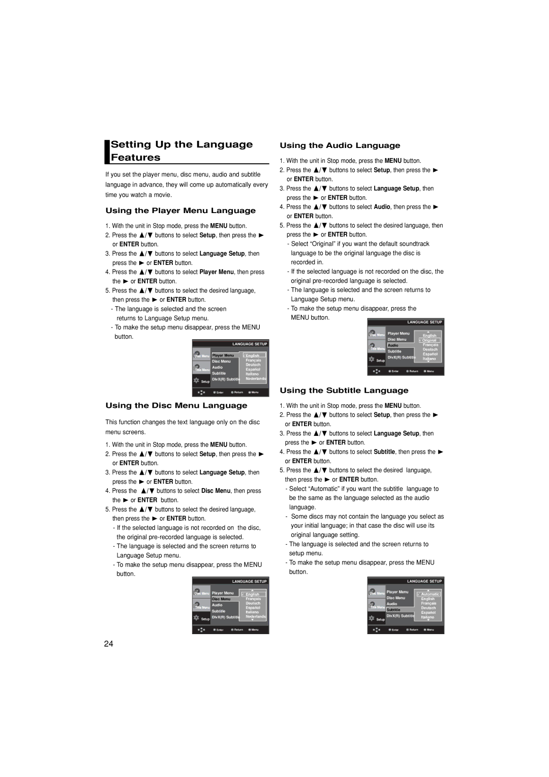 Samsung DVD-P171/AFR manual Setting Up the Language Features, Using the Player Menu Language, Using the Disc Menu Language 