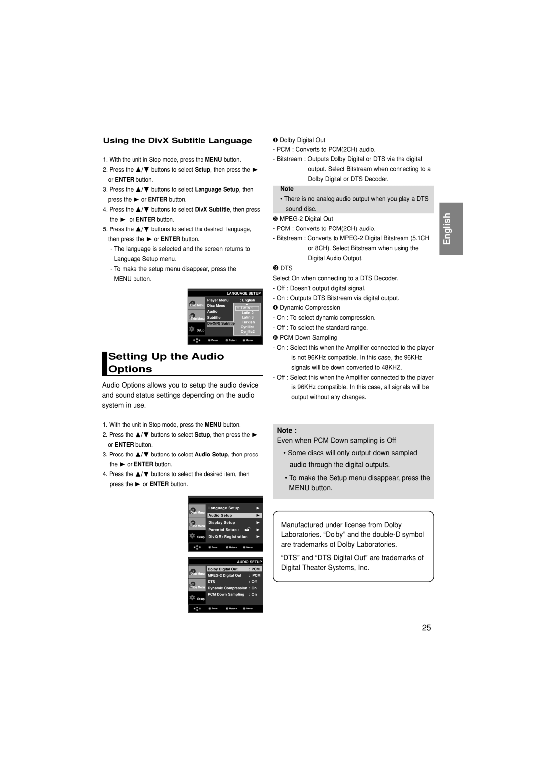 Samsung DVD-P171/UMG, DVD-P171/AUS, DVD-P171/EUR manual Setting Up the Audio Options, Using the DivX Subtitle Language 