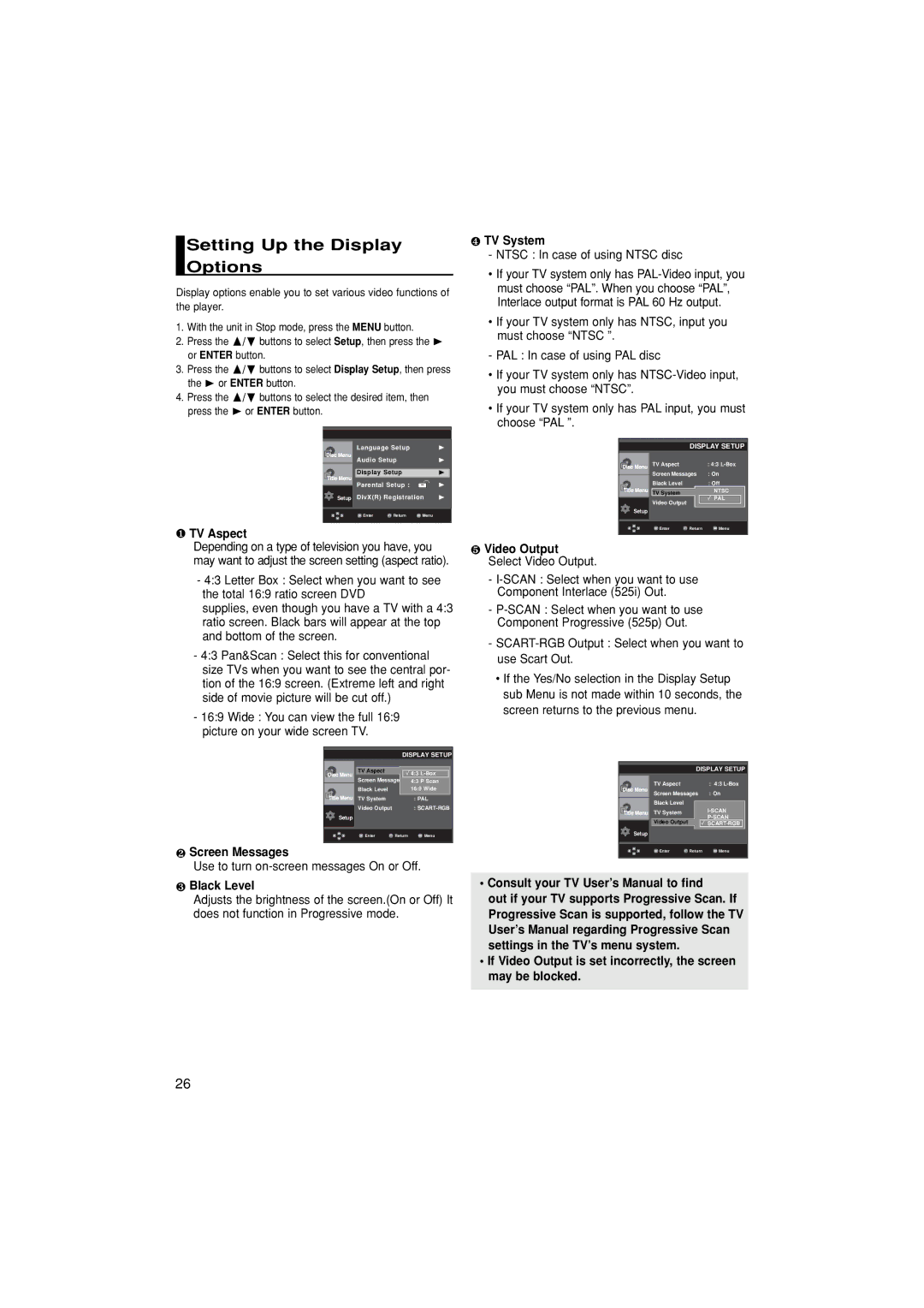 Samsung DVD-P171/AND, DVD-P171/AUS, DVD-P171/EUR, DVD-P171/XET, DVD-P171/XEC, DVD-P171/AFR manual Setting Up the Display Options 