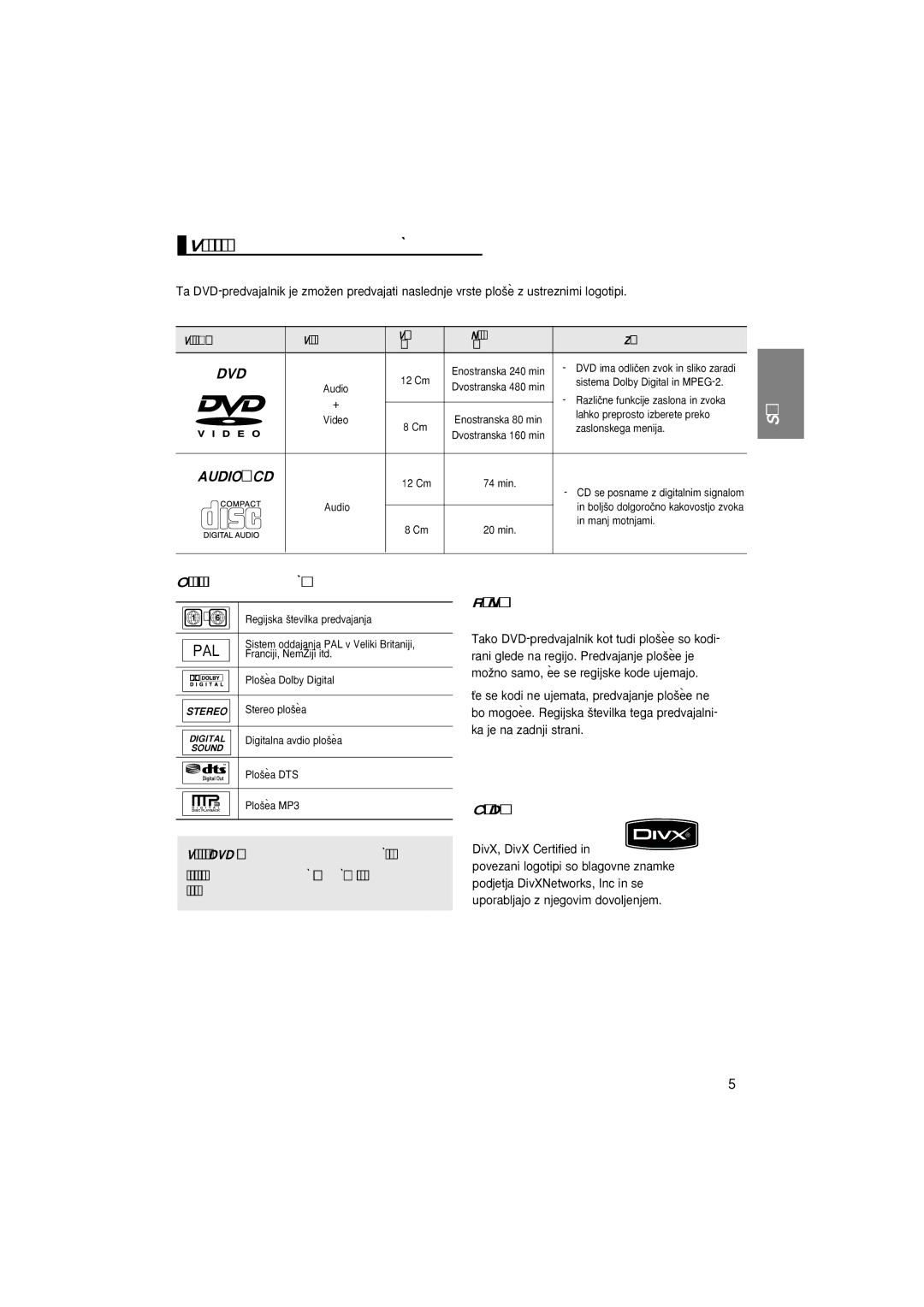 Samsung DVD-P171/AUS, DVD-P171/XSE manual Vrste in lastnosti plo‰e, Oznake na plo‰ei, Certifikacija DivX 