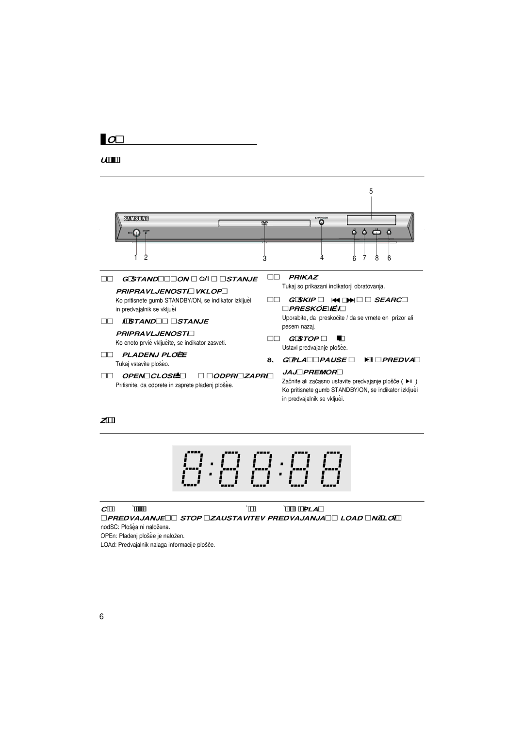 Samsung DVD-P171/XSE, DVD-P171/AUS manual Opis, Upravljalni elementi na predvajalniku, Zaslon snemalnika 