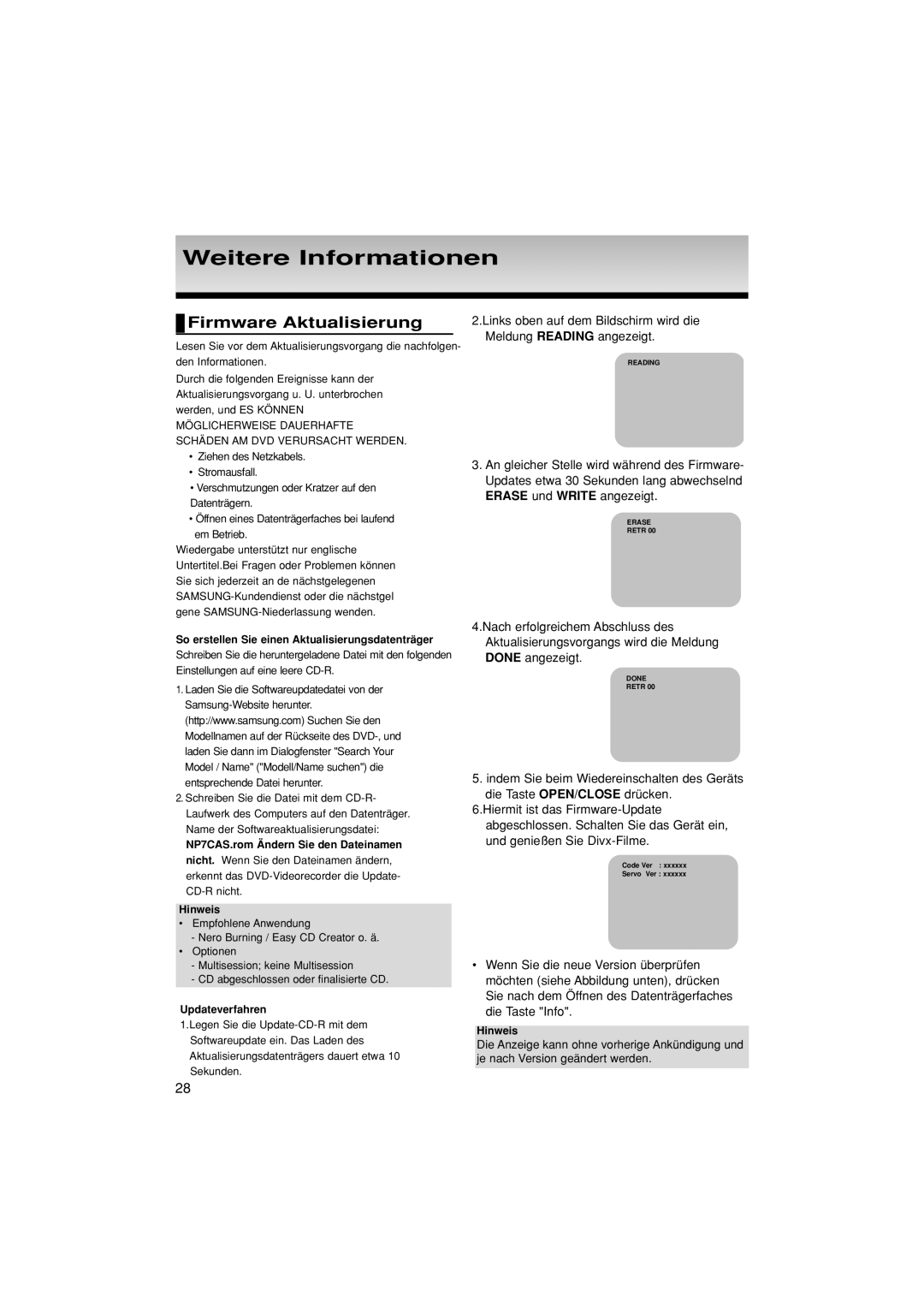 Samsung DVD-P171/AUS manual Firmware Aktualisierung, So erstellen Sie einen Aktualisierungsdatenträger, Updateverfahren 