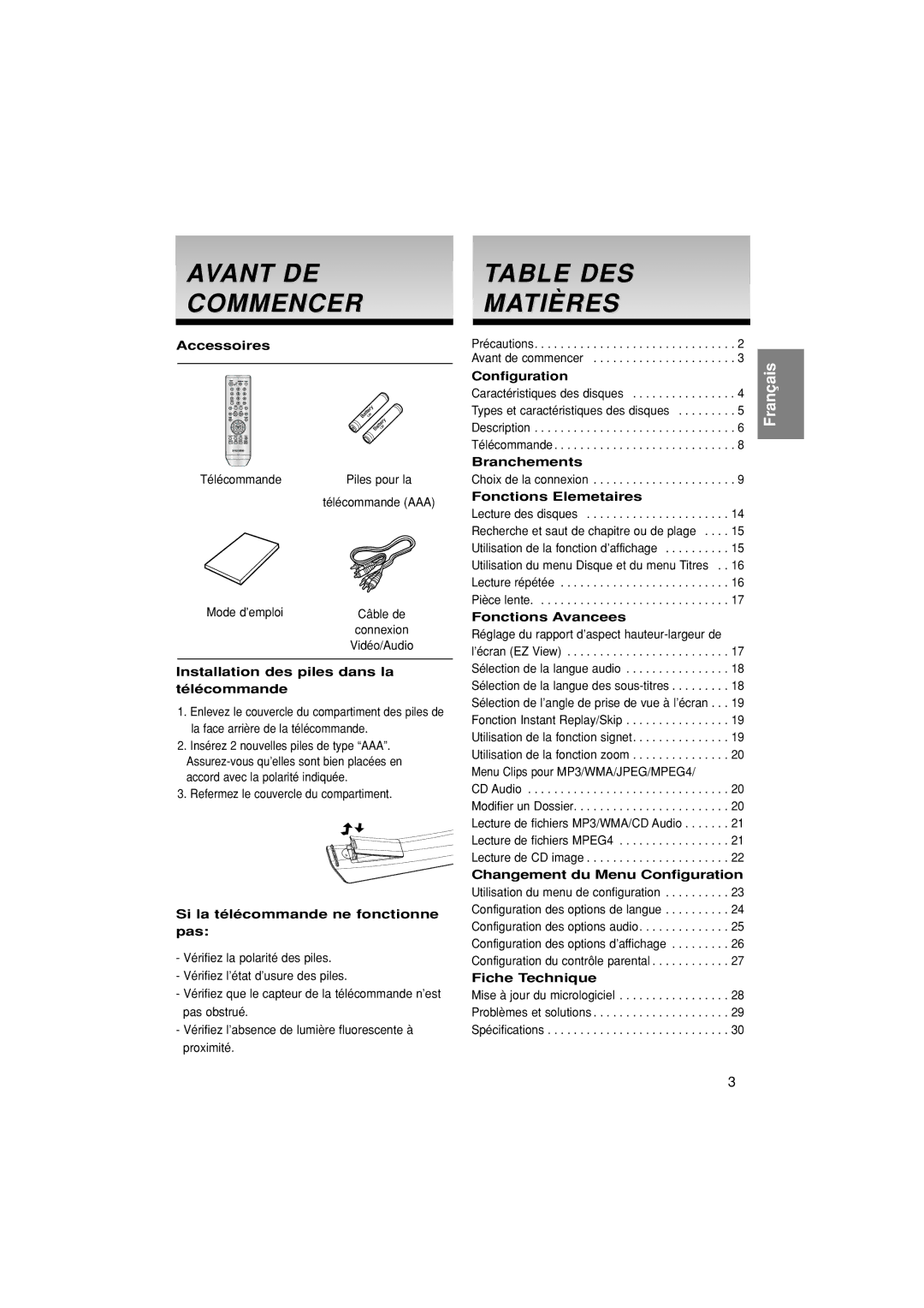 Samsung DVD-P171/XSE, DVD-P171/AUS manual Avant DE Commencer, Table DES Matières 