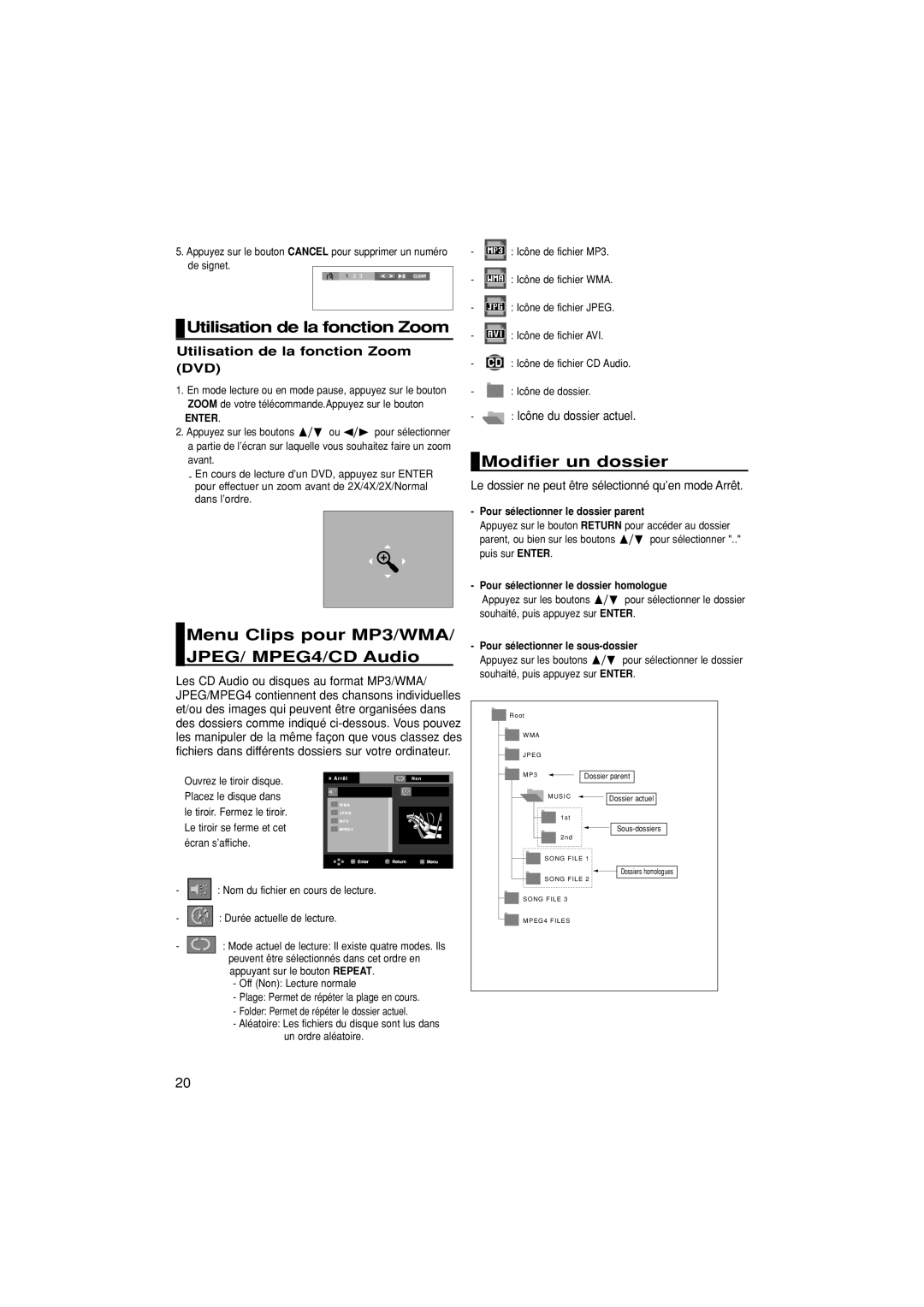 Samsung DVD-P171/AUS Utilisation de la fonction Zoom, Modifier un dossier, Menu Clips pour MP3/WMA/ JPEG/ MPEG4/CD Audio 