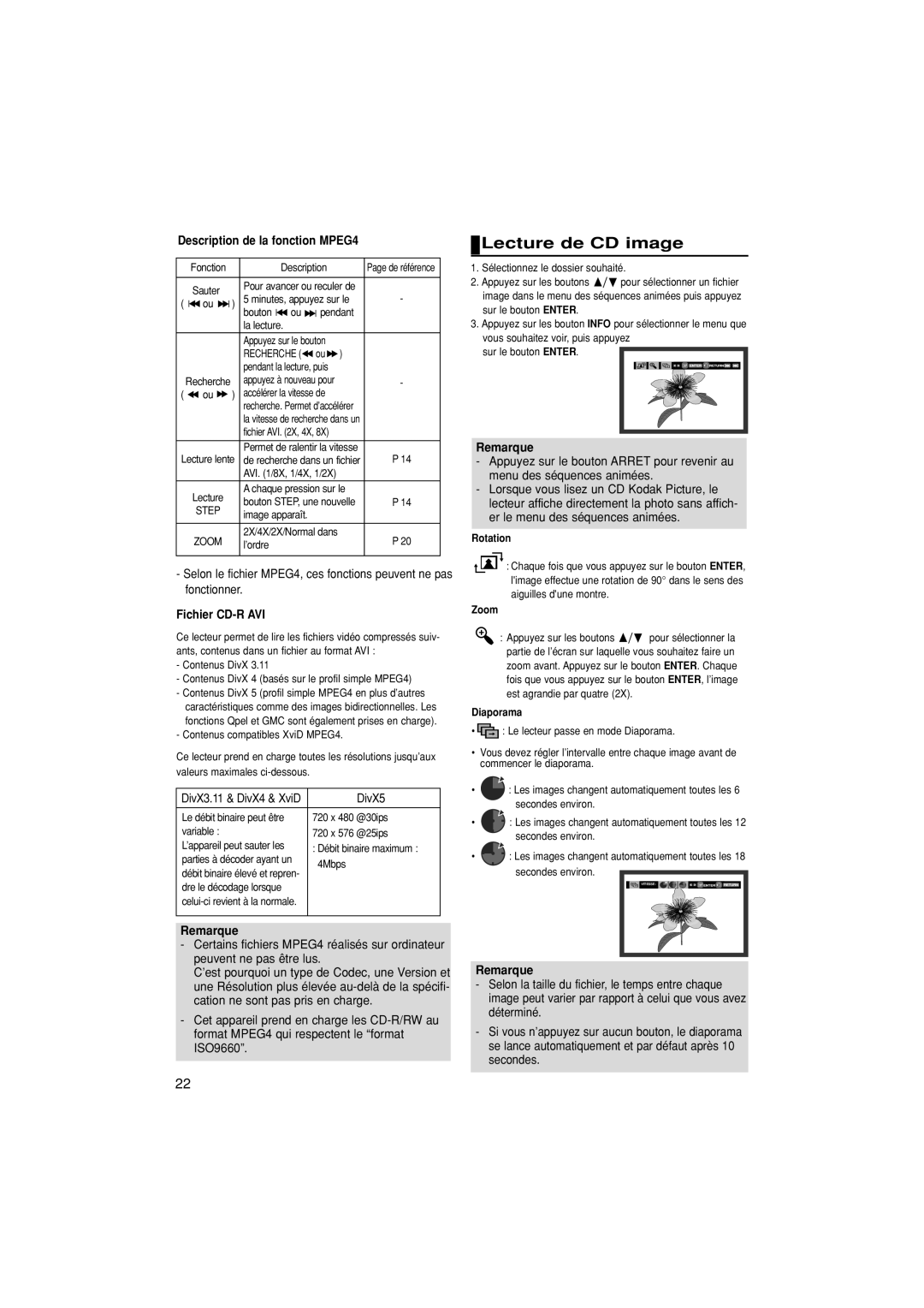 Samsung DVD-P171/AUS, DVD-P171/XSE manual Lecture de CD image, Description de la fonction MPEG4, Fichier CD-R AVI, DivX5 