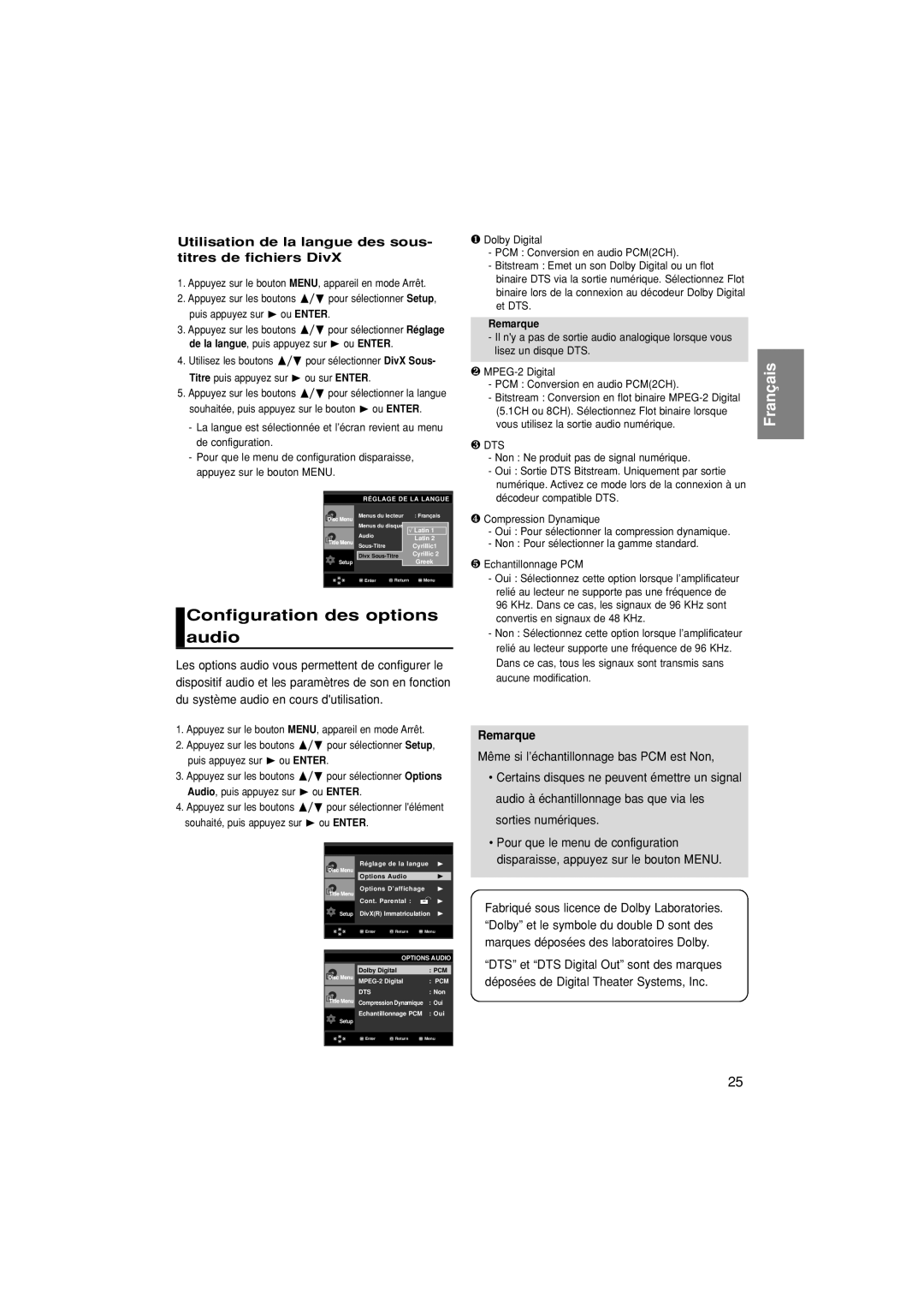 Samsung DVD-P171/XSE Configuration des options audio, Utilisation de la langue des sous- titres de fichiers DivX, Remarque 