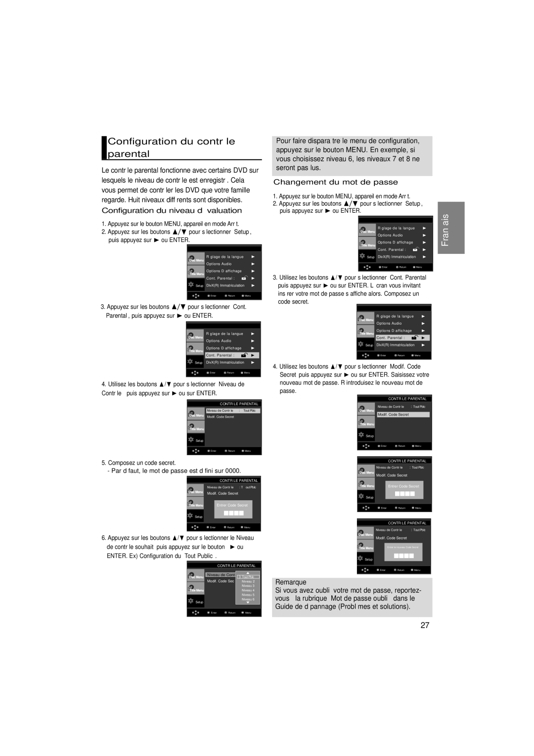 Samsung DVD-P171/XSE Configuration du contrôle, Parental, Changement du mot de passe, Configuration du niveau d’évaluation 