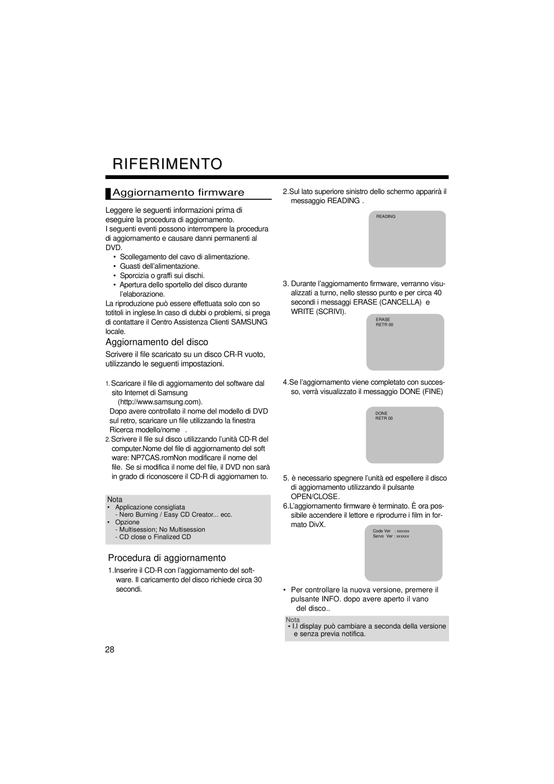 Samsung DVD-P171/AUS manual Riferimento, Aggiornamento firmware, Aggiornamento del disco, Procedura di aggiornamento 