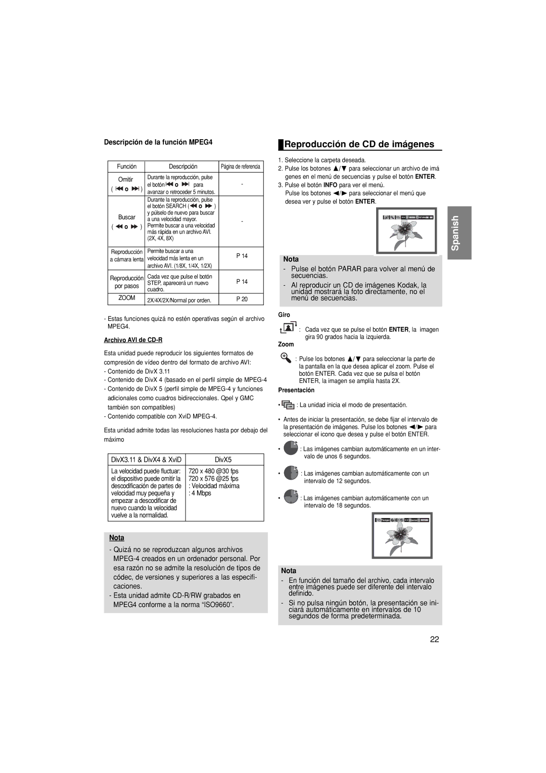 Samsung DVD-P171/XEC, DVD-P171/EUR, DVD-P171/AFR manual Reproducción de CD de imágenes, Descripción de la función MPEG4 