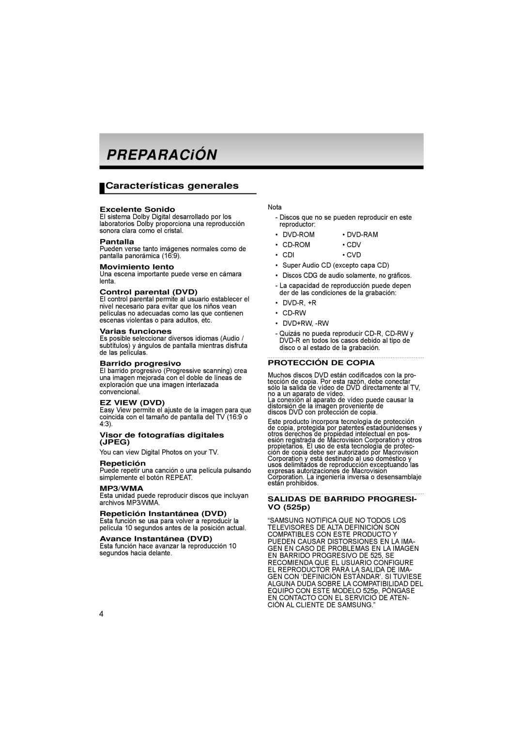 Samsung DVD-P171/XEC, DVD-P171/EUR, DVD-P171/AFR manual Características generales 