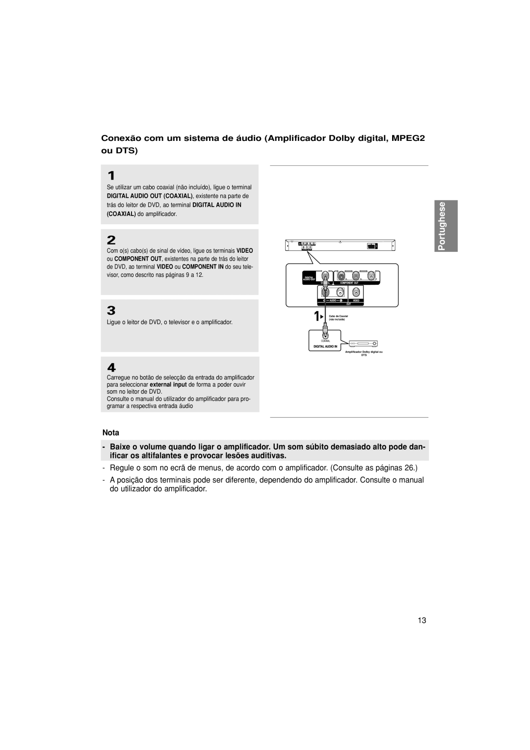 Samsung DVD-P171/XEC, DVD-P171/EUR, DVD-P171/AFR manual Se utilizar um cabo coaxial não incluído, ligue o terminal 