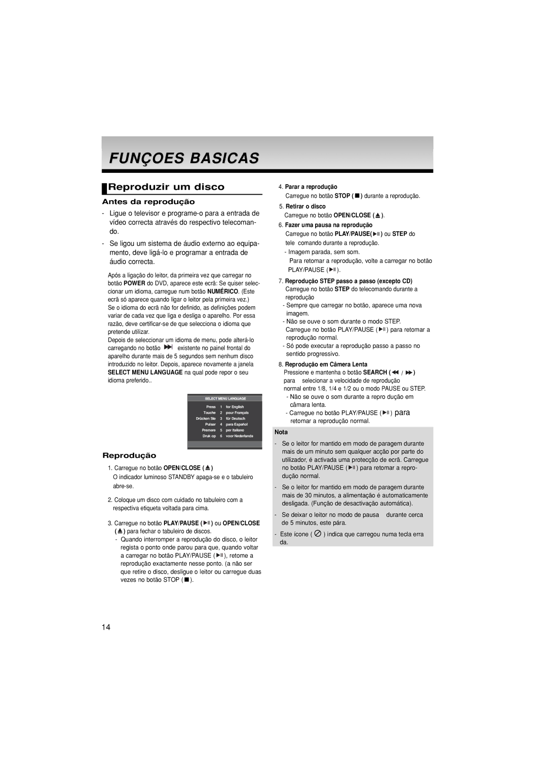 Samsung DVD-P171/AFR, DVD-P171/EUR, DVD-P171/XEC manual Funçoes Basicas, Reproduzir um disco, Antes da reprodução, Reprodução 