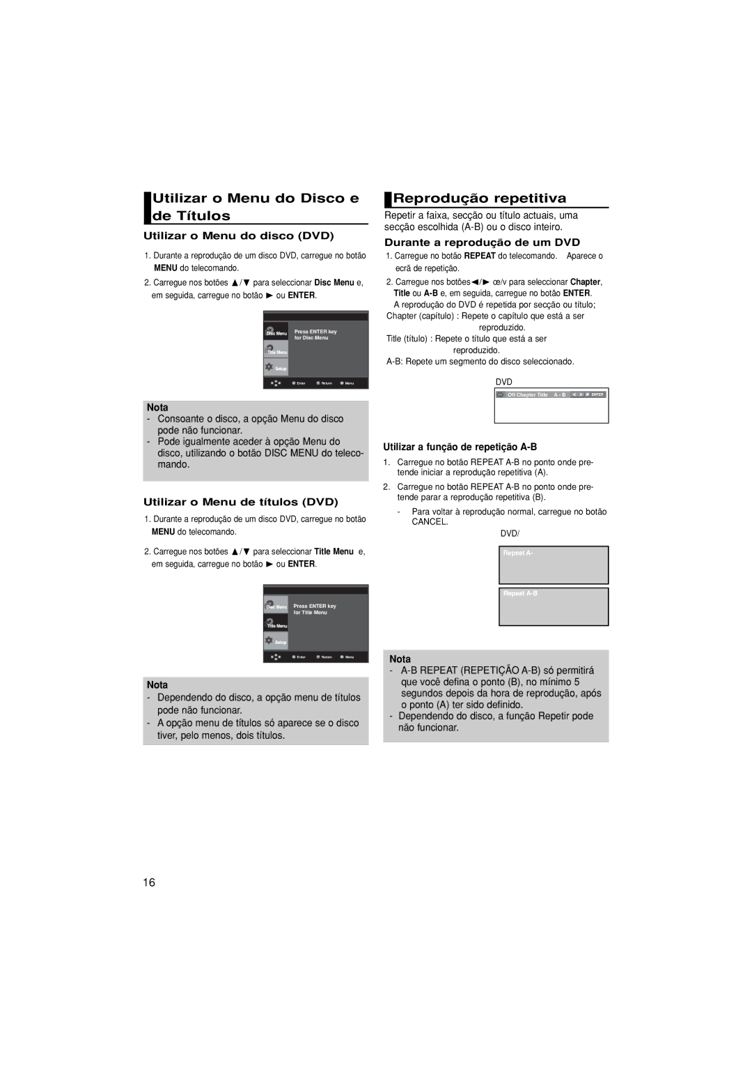 Samsung DVD-P171/XEC, DVD-P171/EUR, DVD-P171/AFR manual Utilizar o Menu do Disco e de Títulos, Reprodução repetitiva 