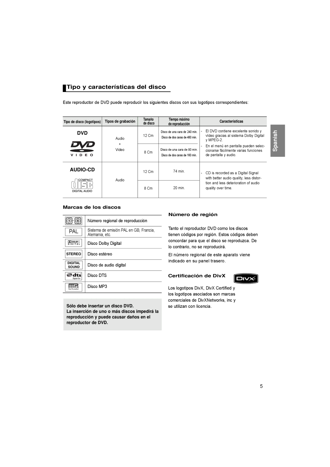 Samsung DVD-P171/AFR, DVD-P171/EUR manual Tipo y características del disco, Marcas de los discos, Certificación de DivX 