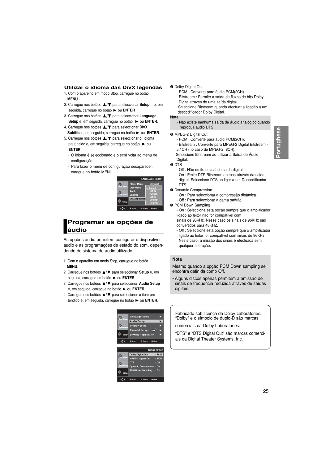 Samsung DVD-P171/XEC, DVD-P171/EUR, DVD-P171/AFR manual Programar as opções de áudio, Utilizar o idioma das DivX legendas 