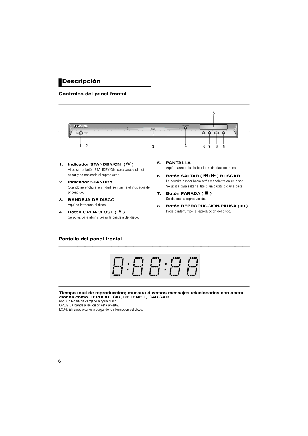 Samsung DVD-P171/EUR, DVD-P171/XEC, DVD-P171/AFR manual Descripción, Controles del panel frontal, Pantalla del panel frontal 