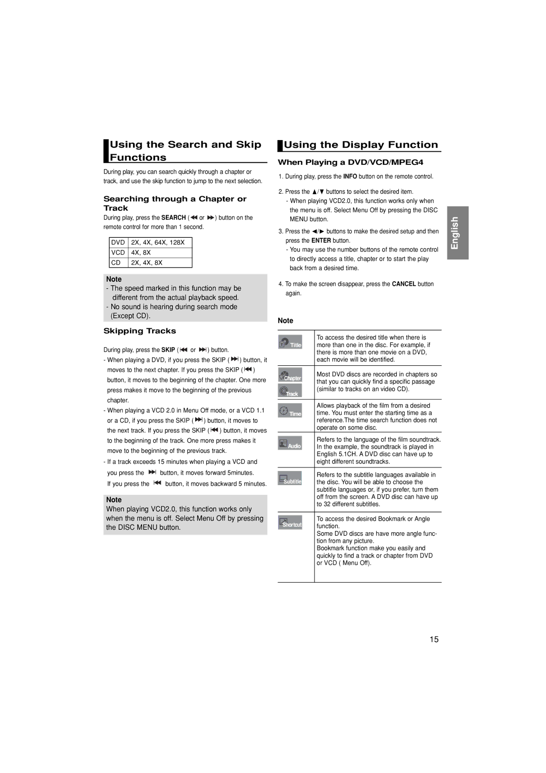 Samsung DVD-P171/SAM Using the Search and Skip Functions, Using the Display Function, Searching through a Chapter or Track 