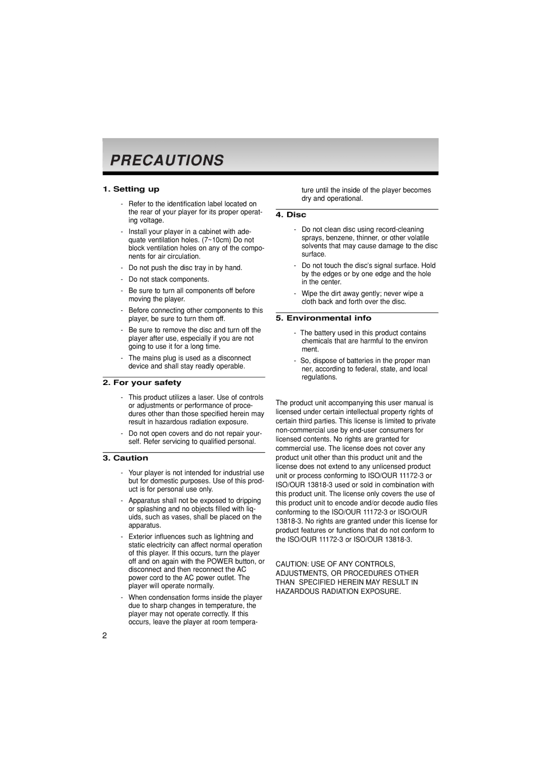 Samsung DVD-P171/SAM manual Precautions, Setting up, For your safety, Disc, Environmental info 