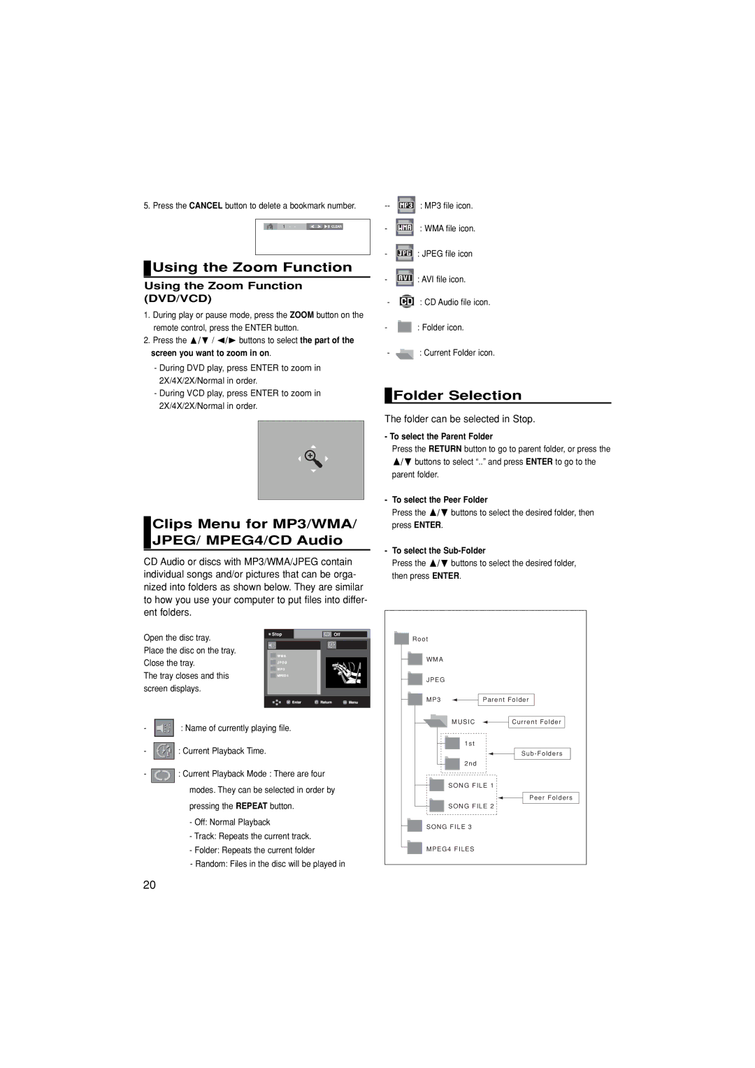 Samsung DVD-P171/SAM manual Using the Zoom Function, Clips Menu for MP3/WMA/ JPEG/ MPEG4/CD Audio, Folder Selection 