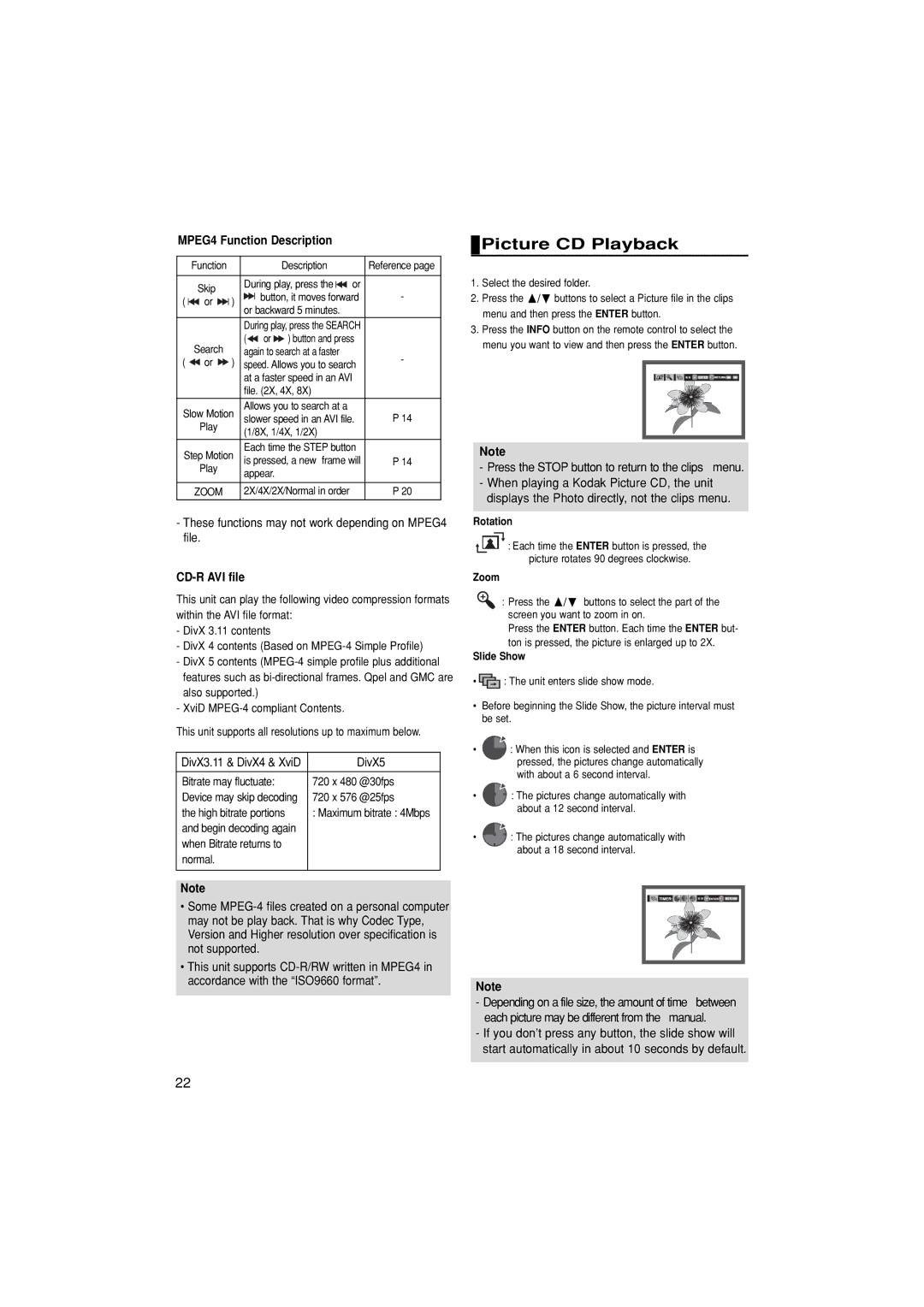 Samsung DVD-P171/SAM manual Picture CD Playback, MPEG4 Function Description, CD-R AVI file 