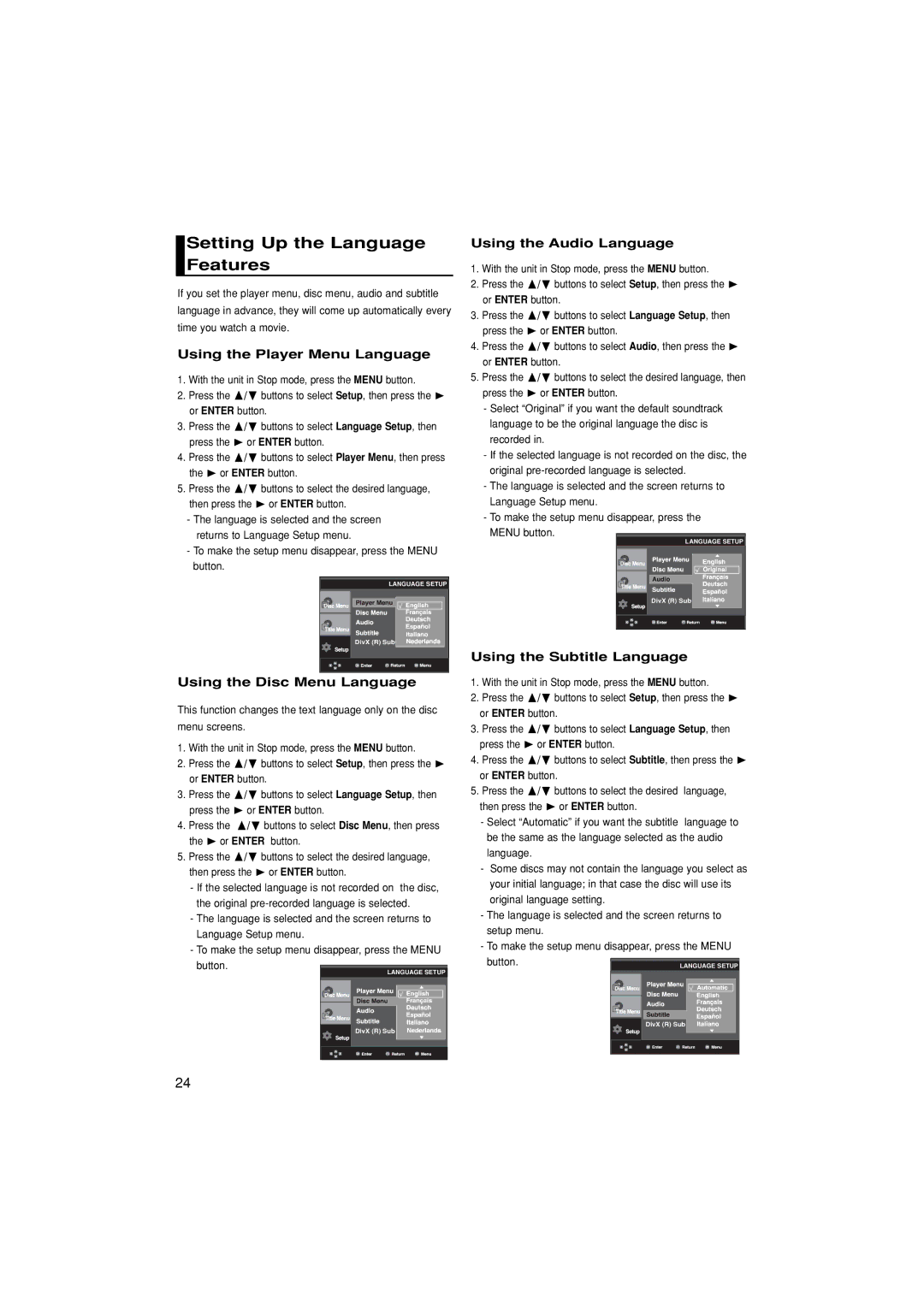 Samsung DVD-P171/SAM manual Setting Up the Language, Features 