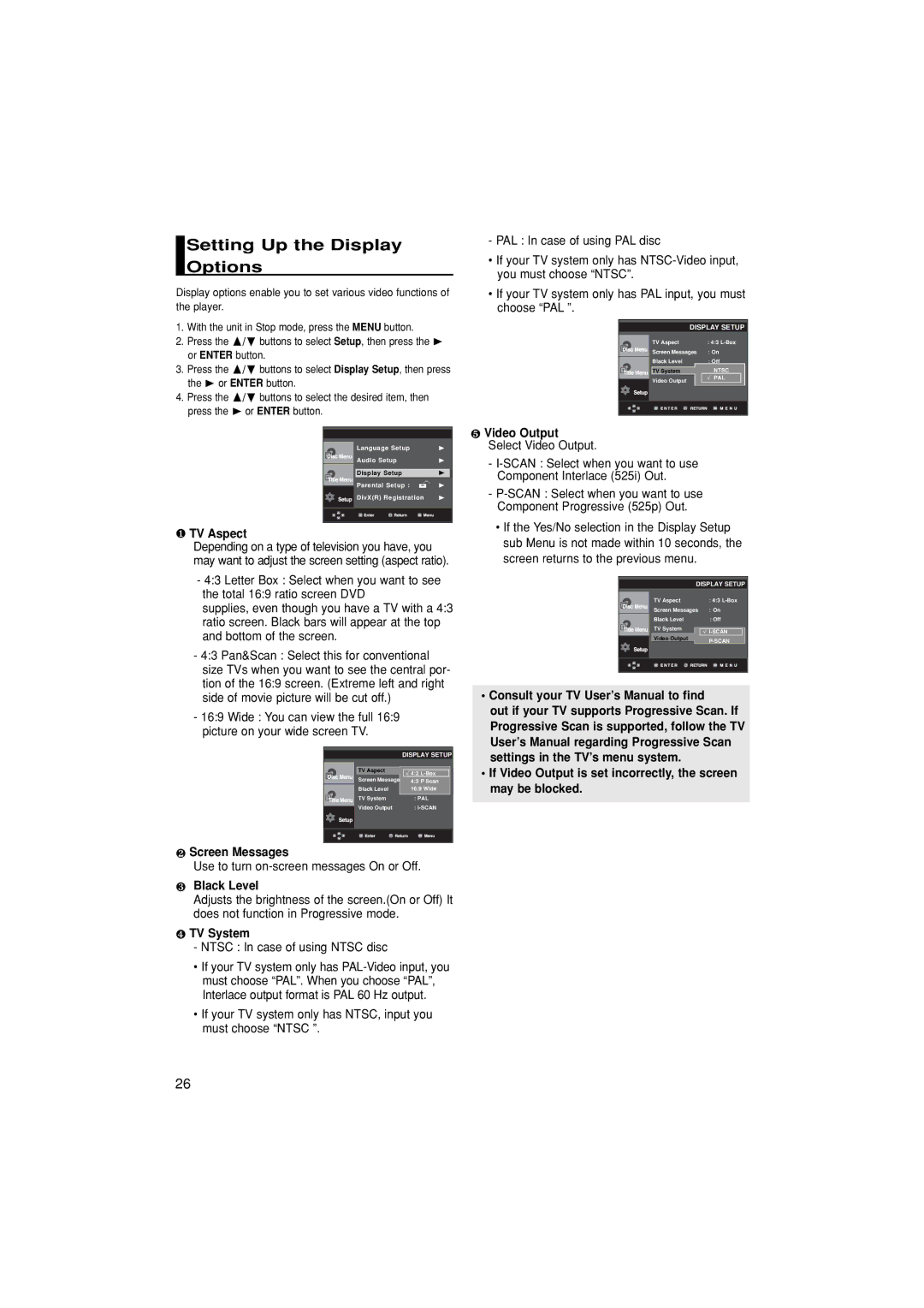 Samsung DVD-P171/SAM manual Setting Up the Display Options 