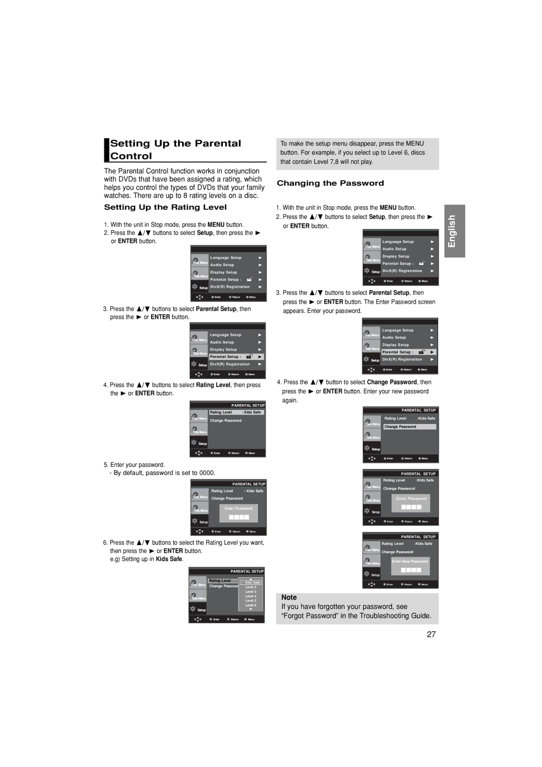 Samsung DVD-P171/SAM manual Setting Up the Parental Control, Setting Up the Rating Level, Changing the Password 