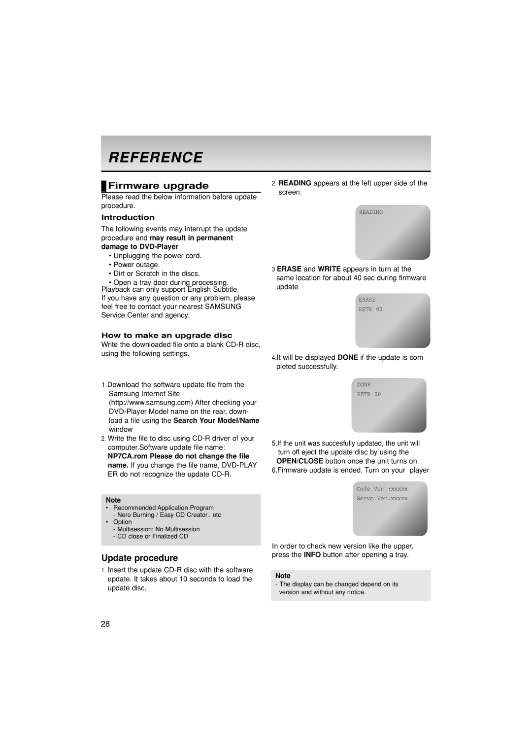 Samsung DVD-P171/SAM manual Reference, Firmware upgrade, Update procedure, Introduction, How to make an upgrade disc 