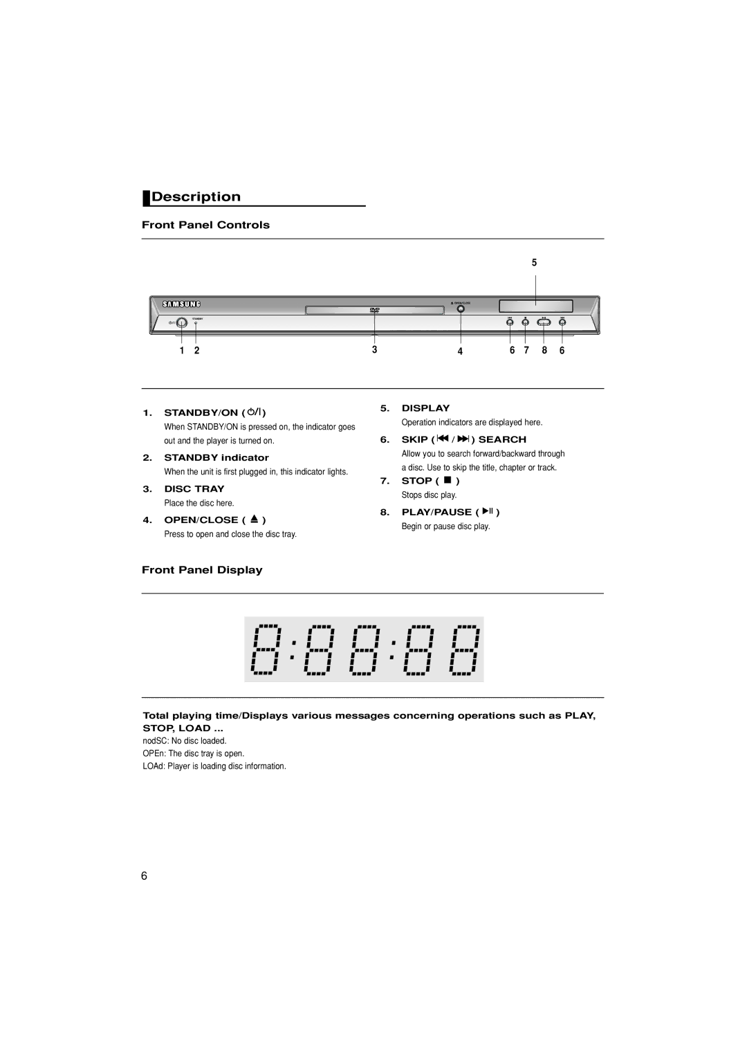 Samsung DVD-P171/SAM manual Description, Front Panel Controls, Front Panel Display 