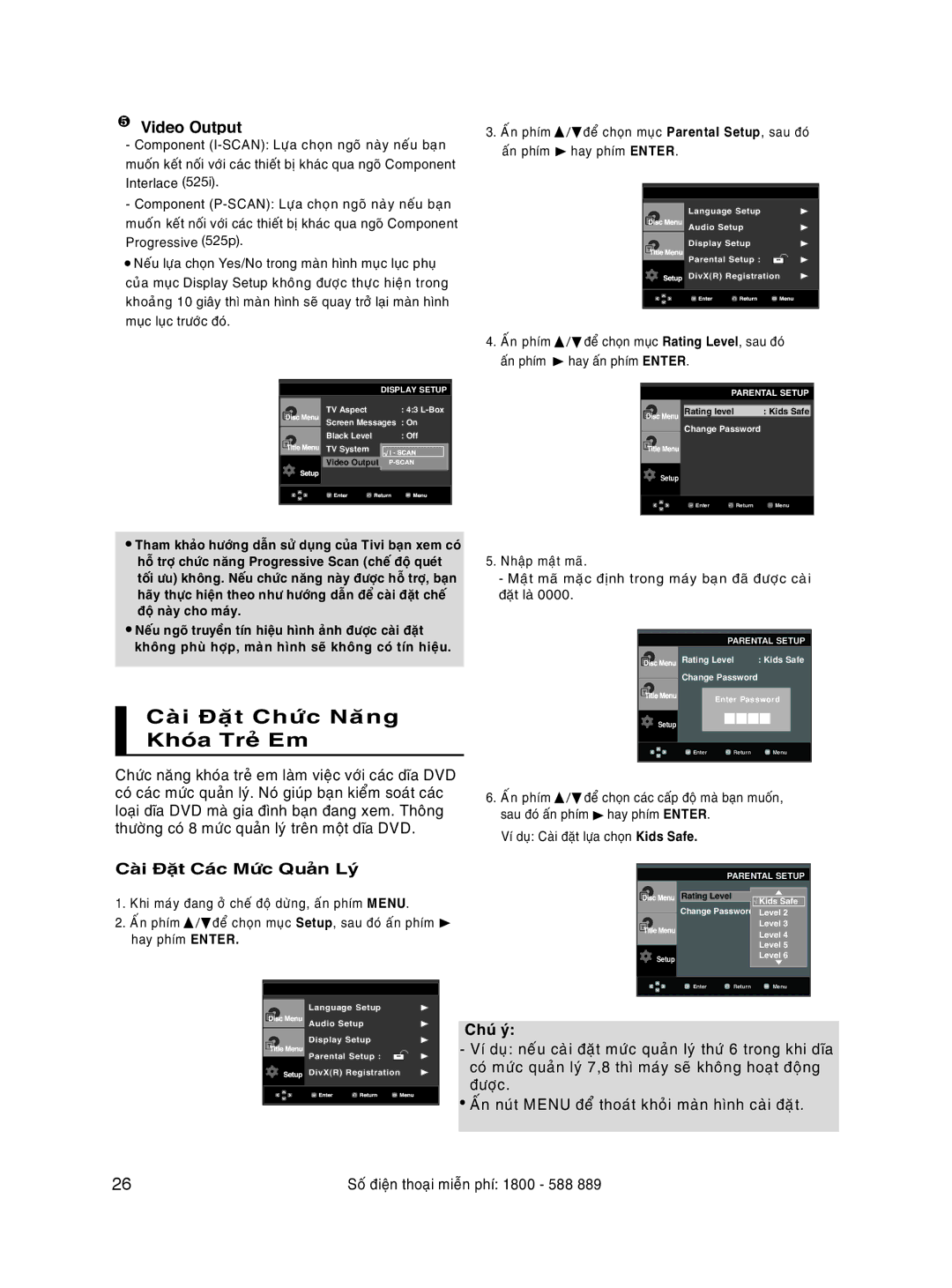 Samsung DVD-P171/XSV manual Parental Setup, sau, Rating Level, sau, Tham Tivi Xem Progressive Scan, Theo nhö, Cho Tín Hình 