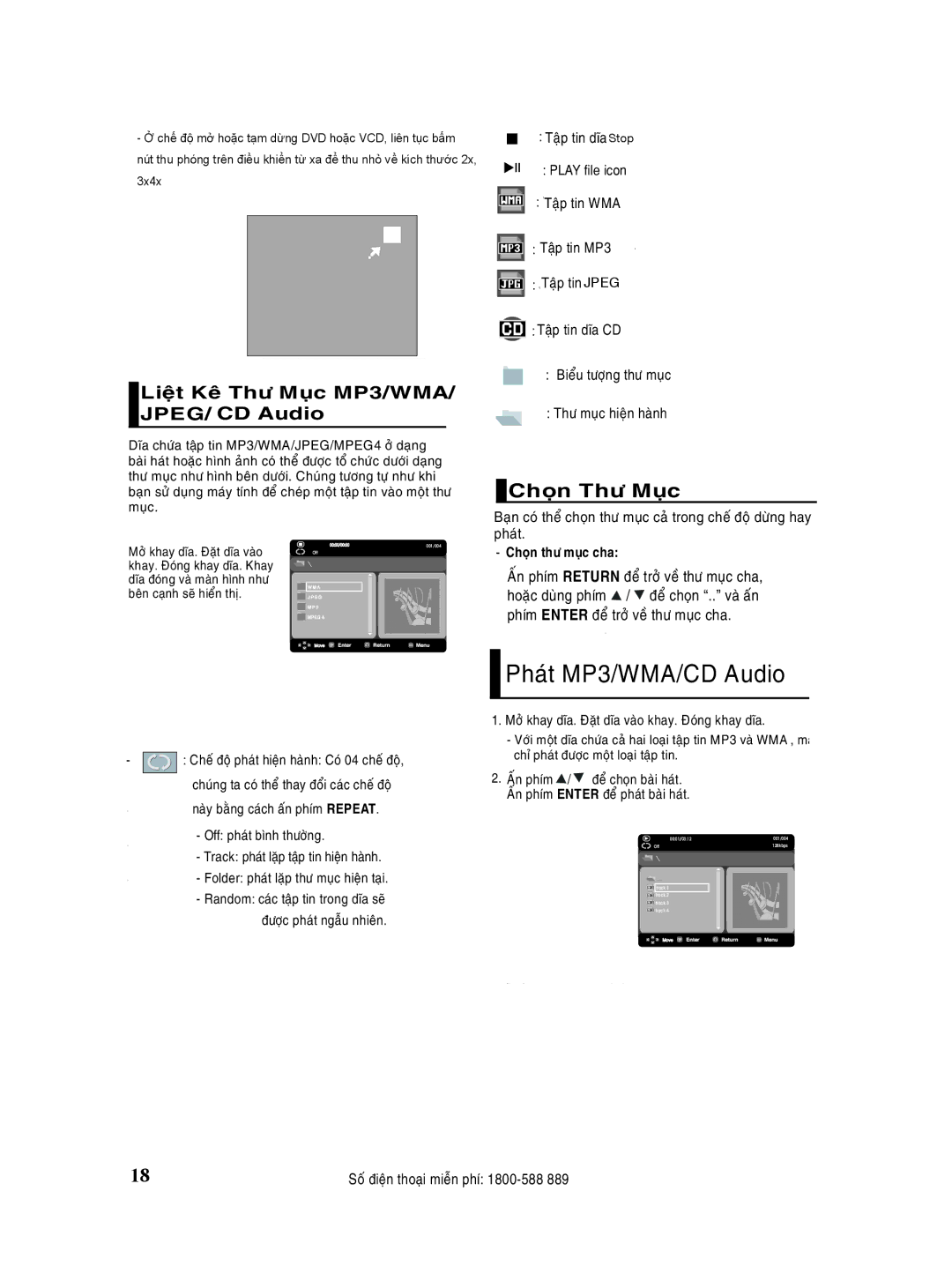 Samsung DVD-P180/XSV manual Thö, MP3/WMA/JPEG/CD Audio, MP3/WMA/ dóa CD, Phím Return, Phím Enter 