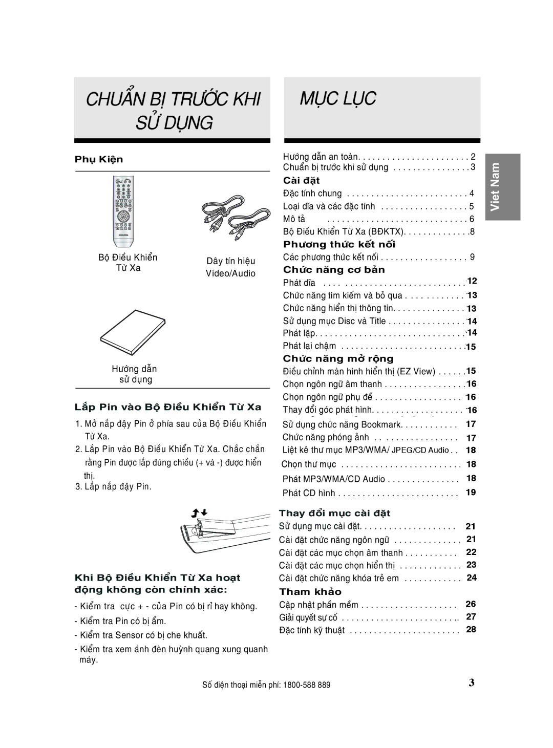 Samsung DVD-P180/XSV manual Pin, Khi Chính, Phöông, Pha la, Cho Ngo, Chö, Cho Ña ca, Ca ña c 256, Ca ña ca, Thamtính 