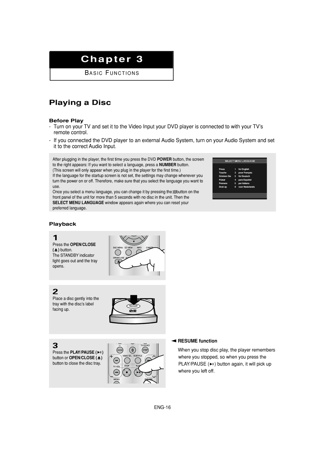 Samsung DVD-P181 manual Playing a Disc, Before Play, Playback, Resume function 