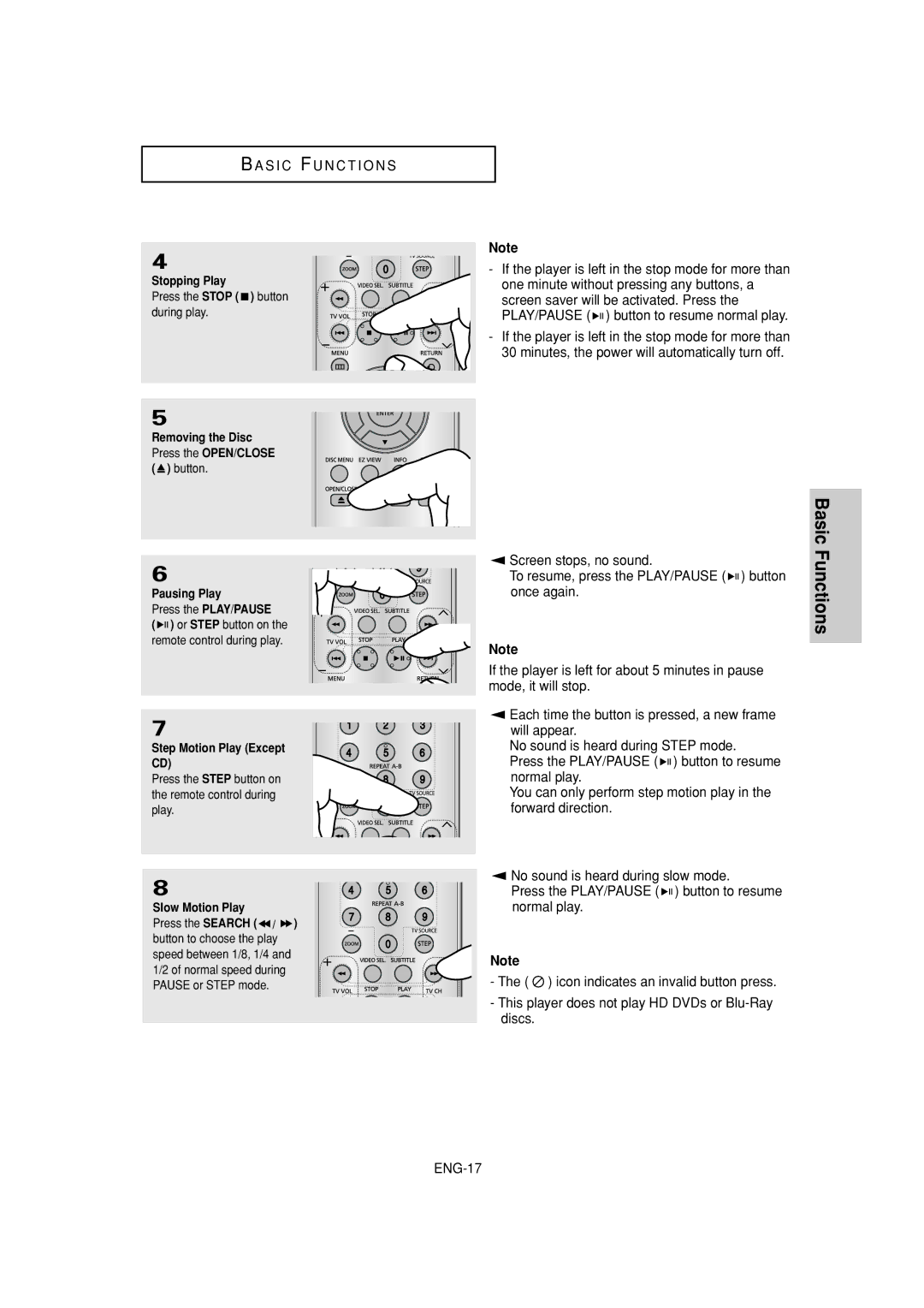 Samsung DVD-P181 manual Stopping Play, Removing the Disc, Pausing Play, Step Motion Play Except, Slow Motion Play 