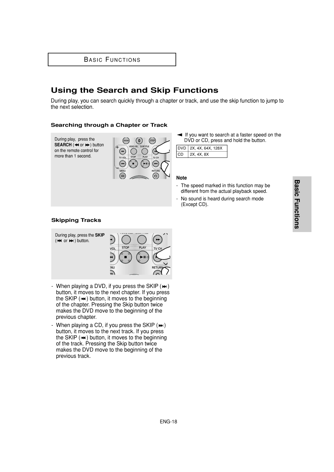 Samsung DVD-P181 manual Using the Search and Skip Functions, Searching through a Chapter or Track, Skipping Tracks 