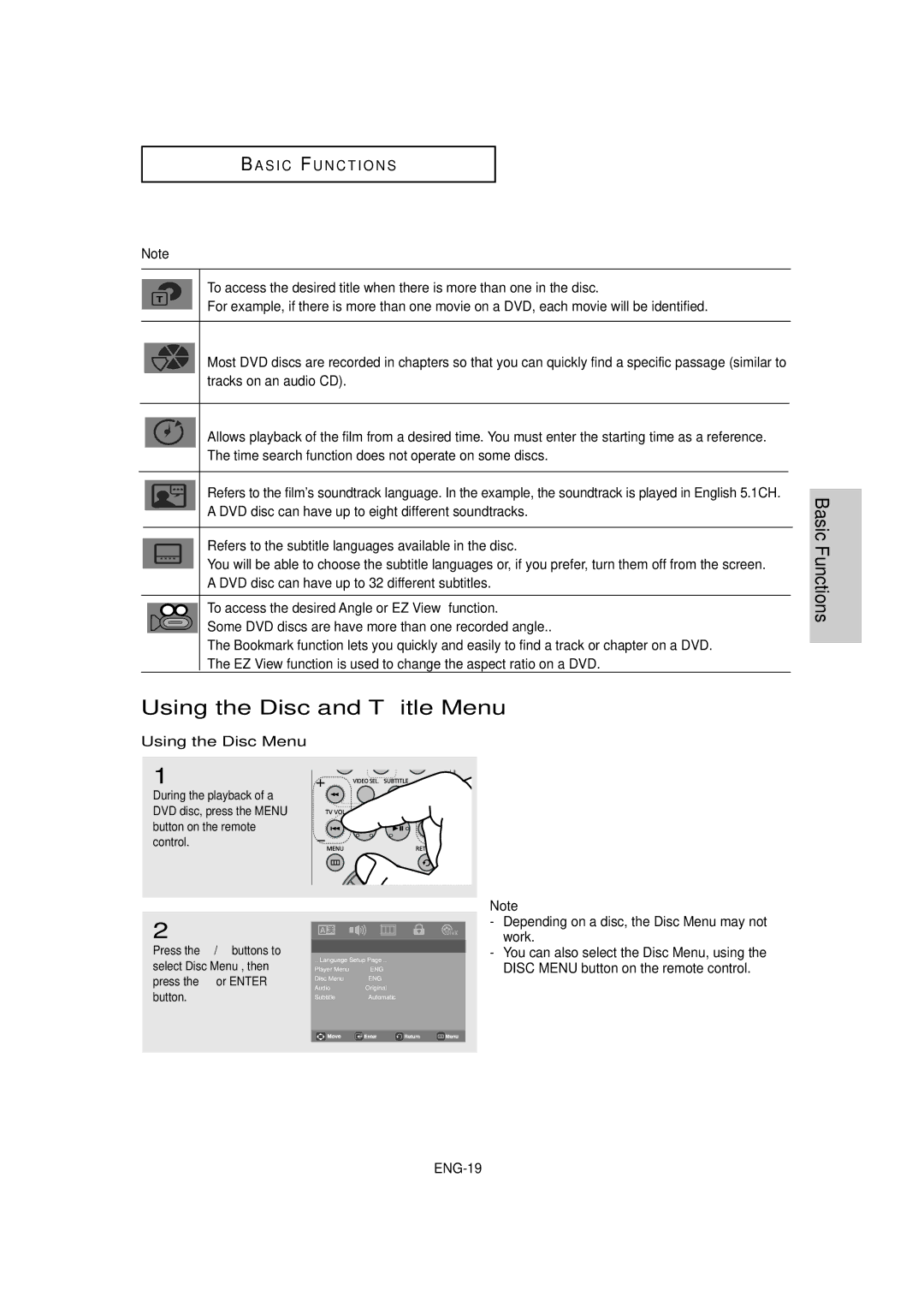 Samsung DVD-P181 manual Using the Disc and Title Menu, Using the Disc Menu 