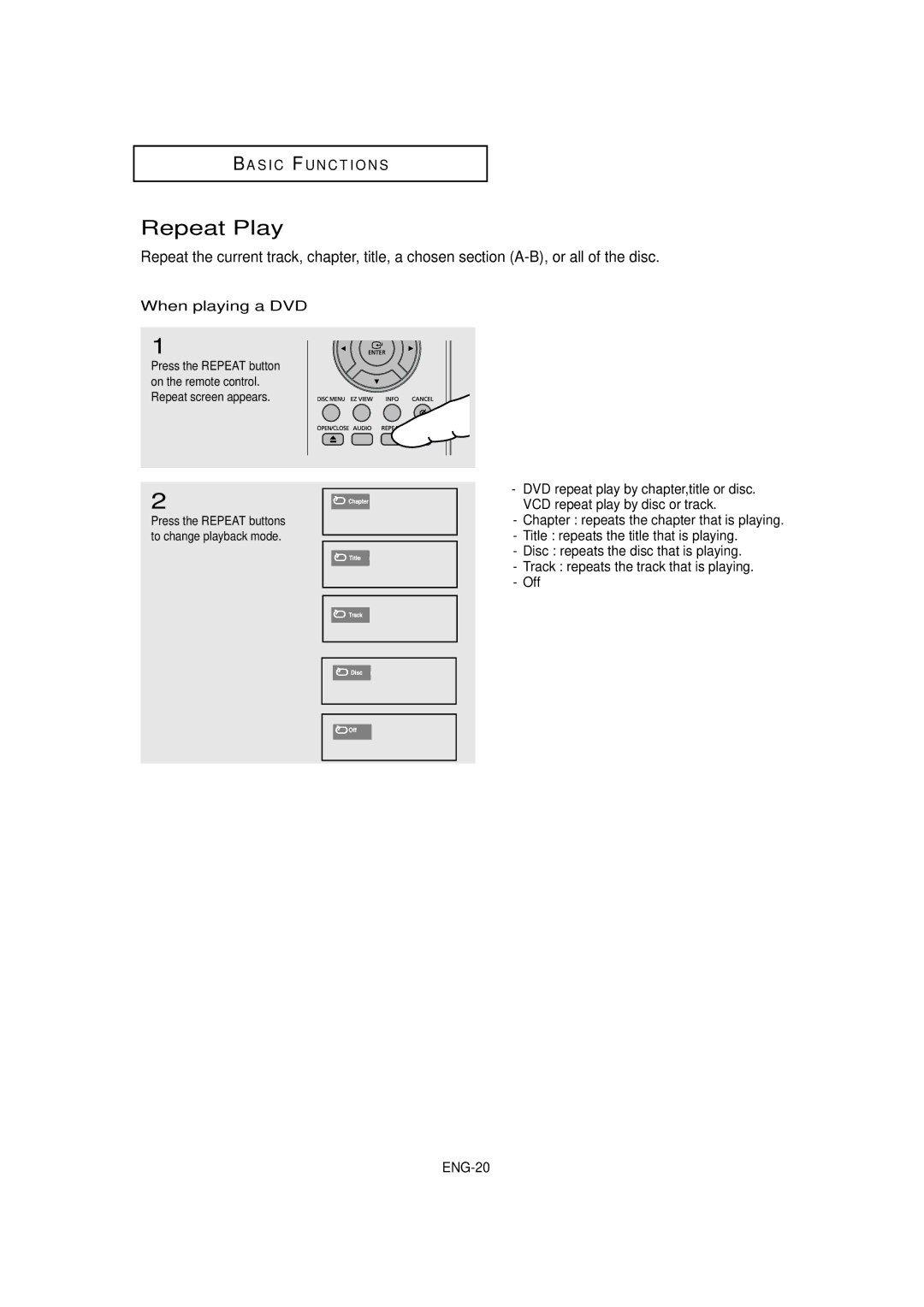 Samsung DVD-P181 manual Repeat Play, When playing a DVD 