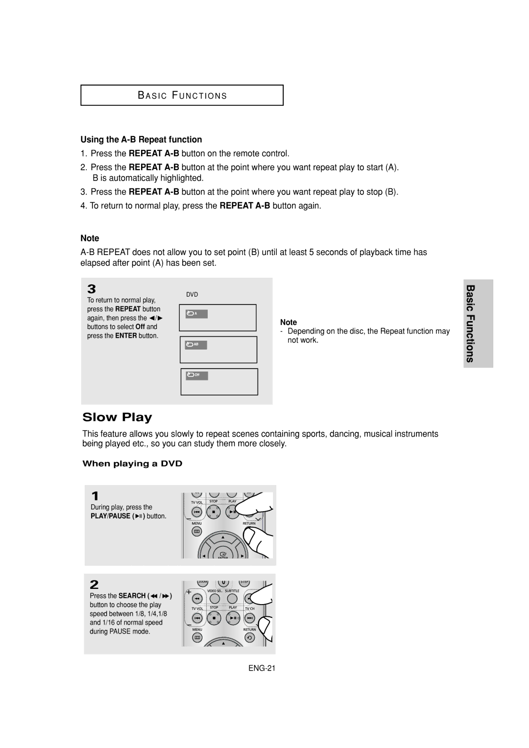 Samsung DVD-P181 manual Slow Play, Using the A-B Repeat function, PLAY/PAUSE button 