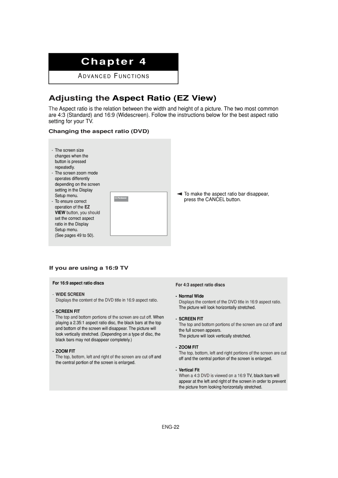 Samsung DVD-P181 manual Adjusting the Aspect Ratio EZ View, Changing the aspect ratio DVD, If you are using a 169 TV 