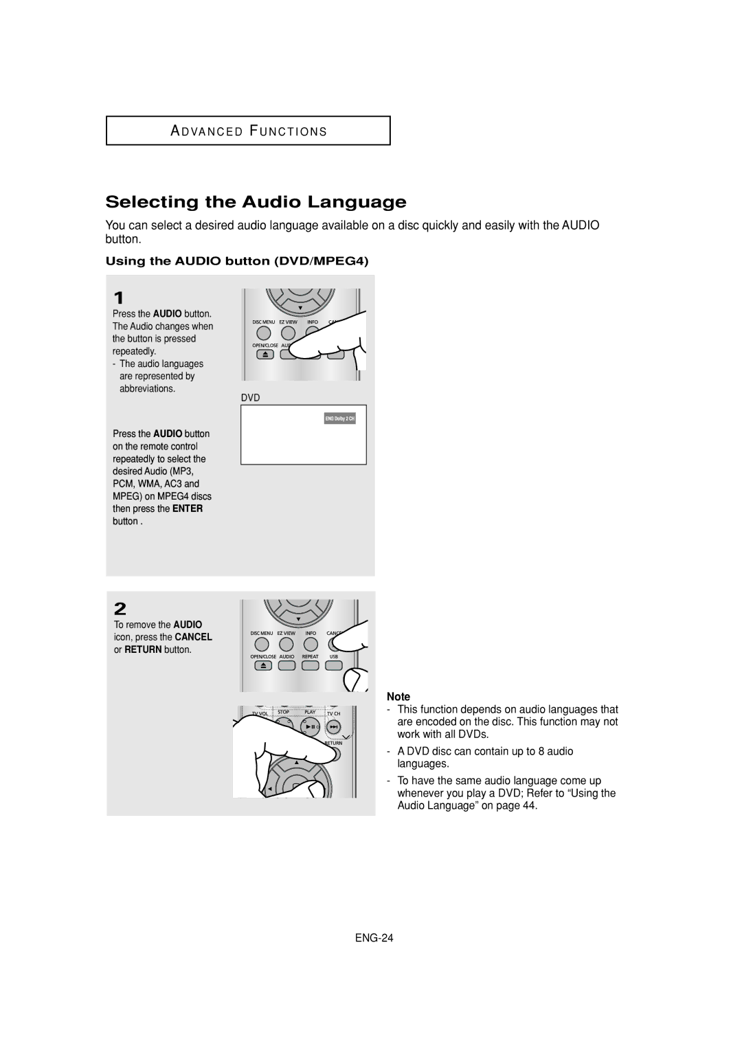 Samsung DVD-P181 manual Selecting the Audio Language, Using the Audio button DVD/MPEG4 