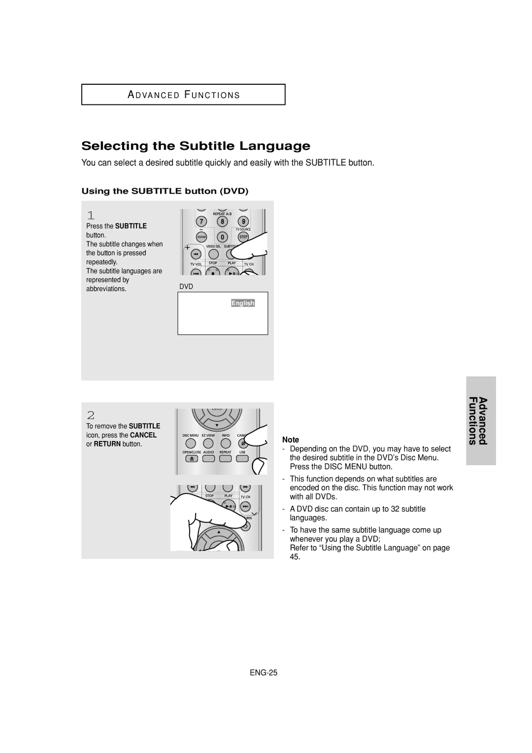 Samsung DVD-P181 manual Selecting the Subtitle Language, Using the Subtitle button DVD, Advanced Functions 