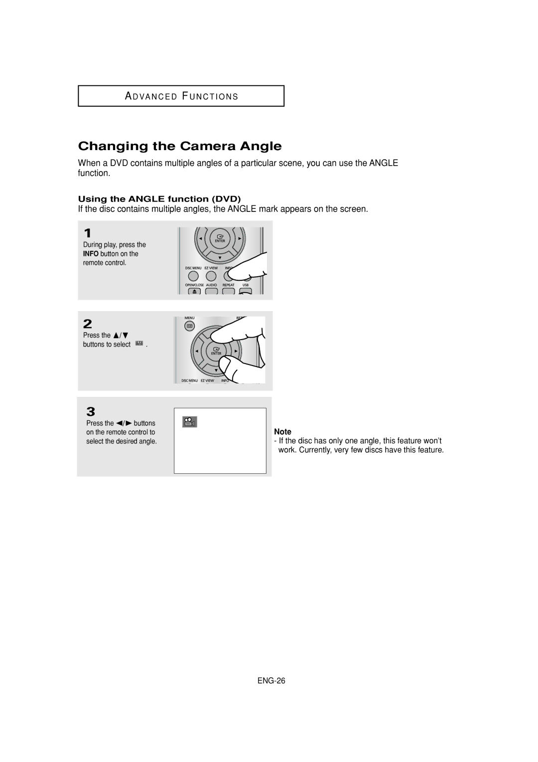 Samsung DVD-P181 manual Changing the Camera Angle, Using the Angle function DVD 