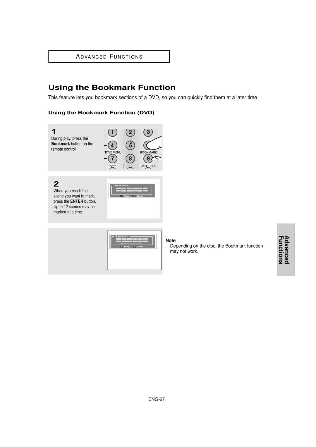 Samsung DVD-P181 manual Using the Bookmark Function DVD 