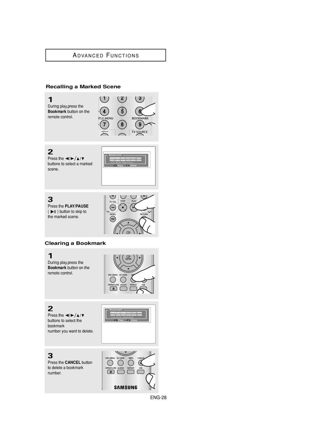 Samsung DVD-P181 manual Recalling a Marked Scene, Clearing a Bookmark 