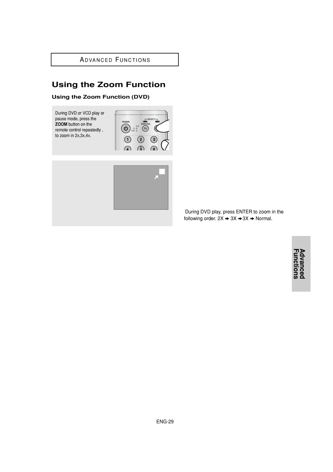 Samsung DVD-P181 manual Using the Zoom Function DVD 